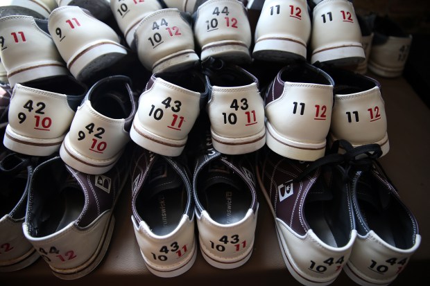 Bowling shoes seen at Pinstripes Bistro, Bowling & Bocce on East Illinois Street in Chicago on Aug. 22, 2017. (Terrence Antonio James/Chicago Tribune)