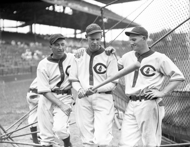 Chicago Cubs outfield Jim Mosolf, from left, Floyd 'Babe' Herman and Joseph 'Frank' Demaree, circa 1933. (Chicago Tribune historical photo)