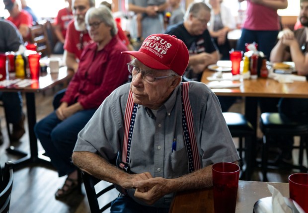 James Patrick of Williamson County listens as former state Sen. Darren Bailey announces his Republican primary bid for governor with running mate Aaron Del Mar, Sept. 25, 2025, at Turner's Table in Carterville. (Brian Cassella/Chicago Tribune)