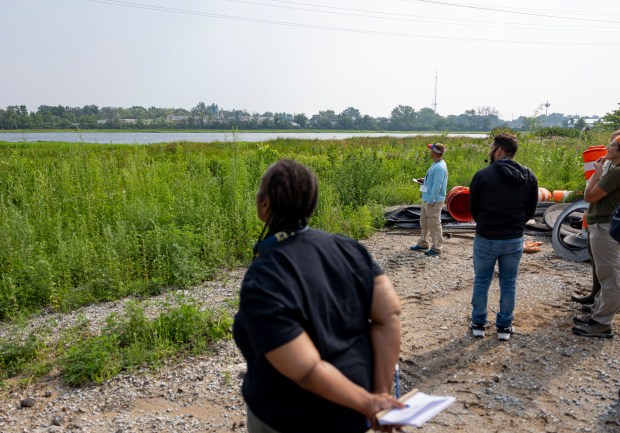 People tour Roxana Marsh, a major restoration site along the Grand Calumet River, on July 31, 2025, in Hammond, Indiana. (Brian Cassella/Chicago Tribune)