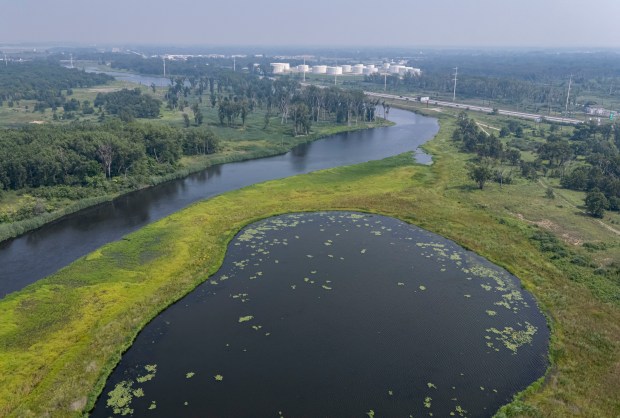 An aerial view shows Seidner Dune and Swale, a major restoration site along the Grand Calumet River in Hammond, Indiana on July 31, 2025. (Brian Cassella/Chicago Tribune)