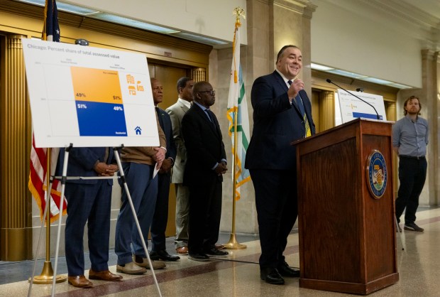 Cook County Assessor Fritz Kaegi speaks about the results of the triennial reassessment and proposed property tax relief legislation, Jan. 29, 2025, at the County Building. (Brian Cassella/Chicago Tribune)