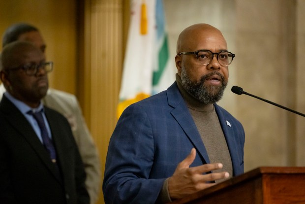 Ald. Desmon Yancy, 5th, speaks on property tax relief legislation on Jan. 29, 2025, at the County Building. (Brian Cassella/Chicago Tribune)