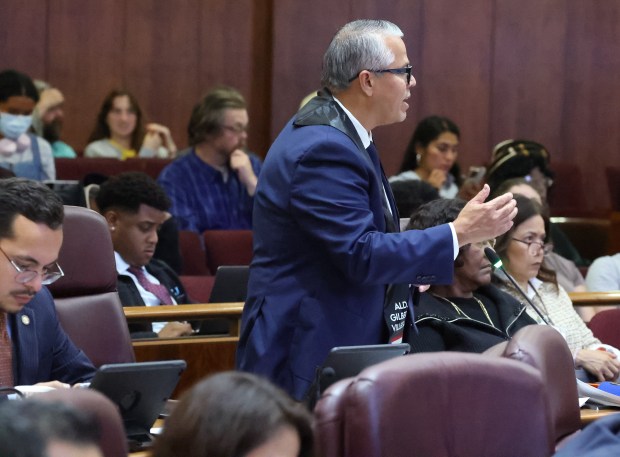 Ald. Gil Villegas, 36th, speaks during a meeting of the Chicago City Council in City Hall on Sept. 25, 2025. (Terrence Antonio James/Chicago Tribune)