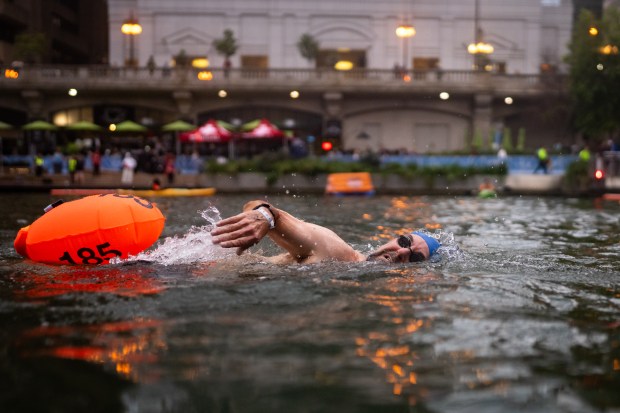 Tim Rooney competes in the two-mile race of the Chicago River Race on Sept. 21, 2025, in downtown Chicago. (Audrey Richardson/for the Chicago Tribune)