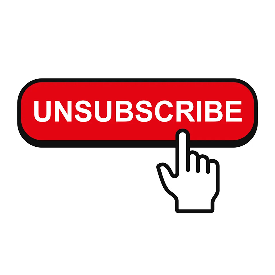 Hand cursor over a red "Unsubscribe" button, symbolizing the action to opt out of a service or mailing list
