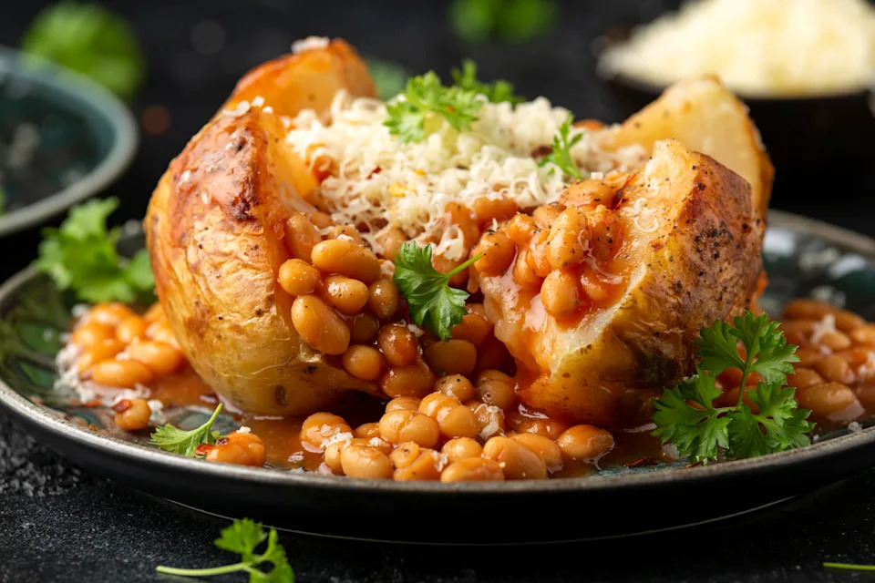 Jacket Baked potato with tomato beans, cheddar cheese. Traditional British food.