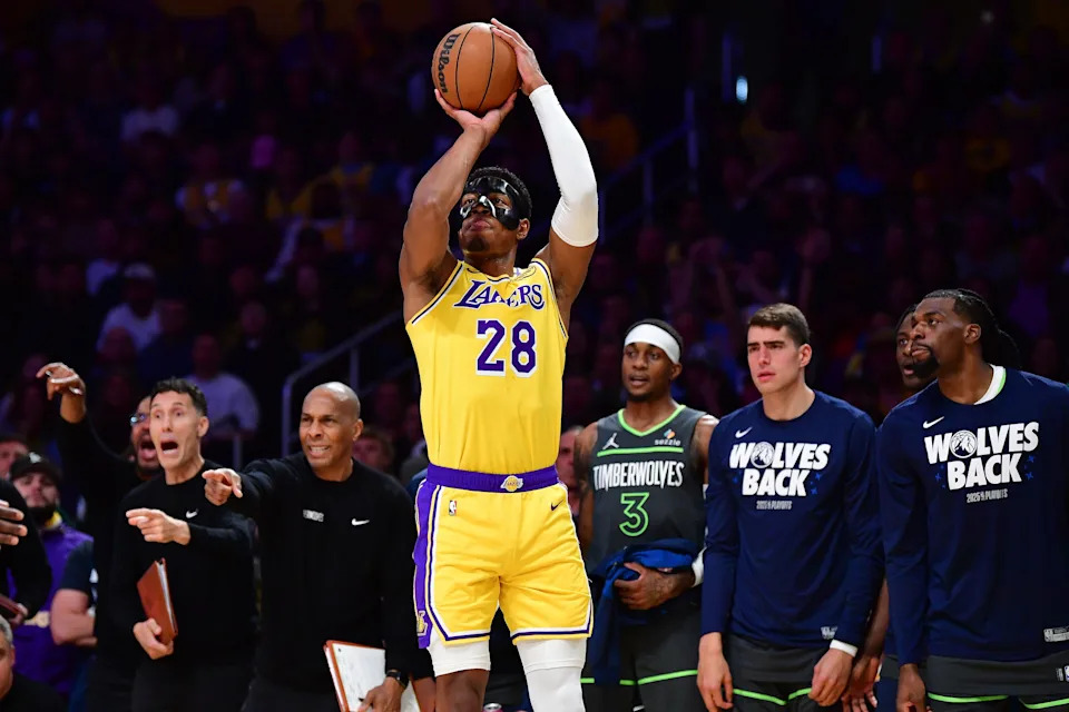 Apr 30, 2025; Los Angeles, California, USA; Los Angeles Lakers forward Rui Hachimura (28) shoots against the Minnesota Timberwolves during the first half in game five of first round for the 2025 NBA Playoffs at Crypto.com Arena. Mandatory Credit: Gary A. Vasquez-Imagn Images