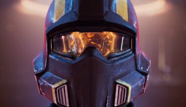 A Helldivers mask reflects destruction.