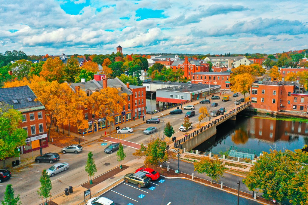 Aerial view of downtown Dover, New Hampshire in the fall.