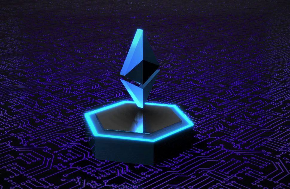 Ethereum symbol illuminated in blue light on a hexagonal pedastal