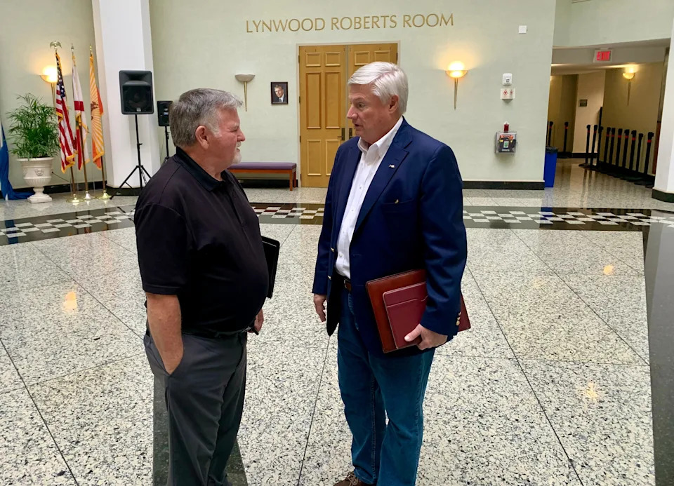 Baldwin Mayor Sean Lynch, at left, talks to Jacksonville City Council member Matt Carlucci on Aug. 29, 2025 in Jacksonville City Hall.