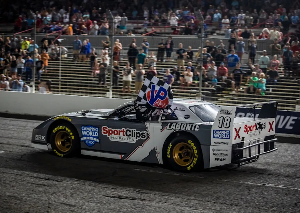 Bobby Labonte takes first place during the SRX race at the Nashville Fairgrounds Speedway Saturday July 9, 2022; Nashville, Tennessee, United States; at Nashville Fairgrounds Speedway. Mandatory Credit: Alan Poizner-The Tennessean