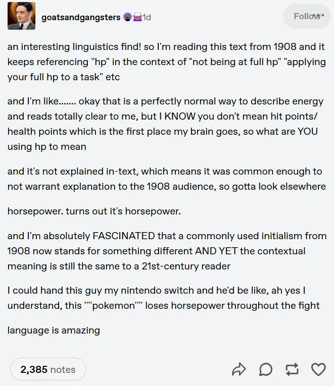 A post discussing an excerpt from 1908 that uses "hp" for "horsepower," reflecting how language context has evolved over time