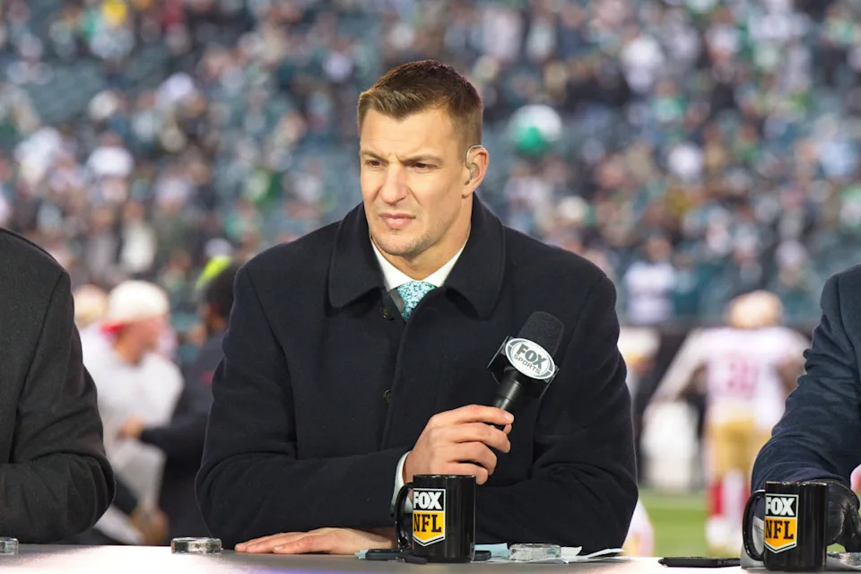 PHILADELPHIA, PA - JANUARY 29: Fox NFL Sunday analyst Rob Gronkowski looks on during the Championship game between the San Fransisco 49ers and the Philadelphia Eagles on January 29, 2023. (Photo by Andy Lewis/Icon Sportswire via Getty Images)Icon Sportswire&sol;Getty Images