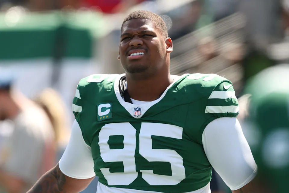 Sep 14, 2025; East Rutherford, New Jersey, USA; New York Jets defensive tackle Quinnen Williams (95) before the game against the Buffalo Bills at MetLife Stadium. Mandatory Credit: Vincent Carchietta-Imagn Images