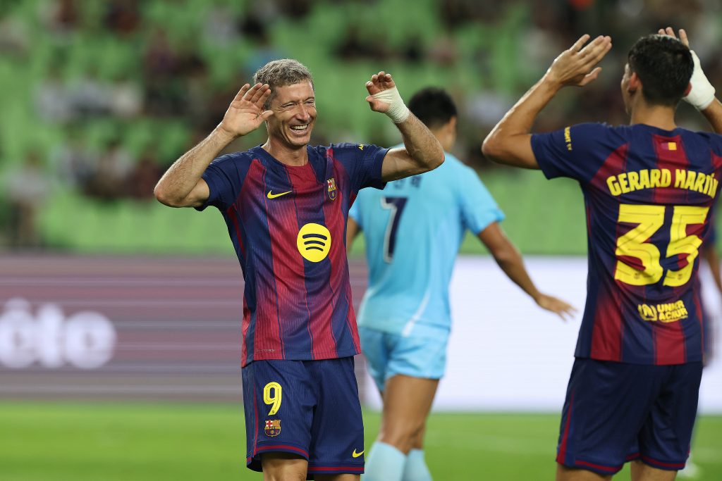 DAEGU, SOUTH KOREA - AUGUST 04: Robert Lewandowski of FC Barcelona celebrates scores his side’s second goal during the pre-season friendly between FC Barcelona and Daegu FC at Daegu Stadium on August 04, 2025 in Daegu, South Korea. (Photo by Han Myung-Gu/Getty Images)