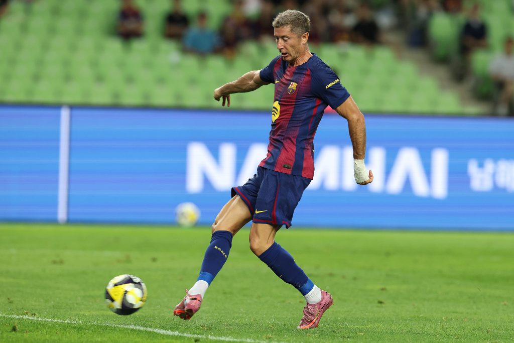 DAEGU, SOUTH KOREA - AUGUST 04: Robert Lewandowski of FC Barcelona celebrates scores his side’s second goal during the pre-season friendly between FC Barcelona and Daegu FC at Daegu Stadium on August 04, 2025 in Daegu, South Korea. (Photo by Han Myung-Gu/Getty Images)