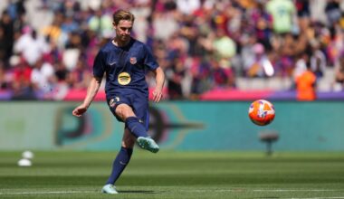 BARCELONA, SPAIN - MAY 11: Frenkie de Jong of FC Barcelona shoots during the warm up prior to the LaLiga match between FC Barcelona and Real Madrid CF at Estadi Olimpic Lluis Companys on May 11, 2025 in Barcelona, Spain. (Photo by Alex Caparros/Getty Images)
