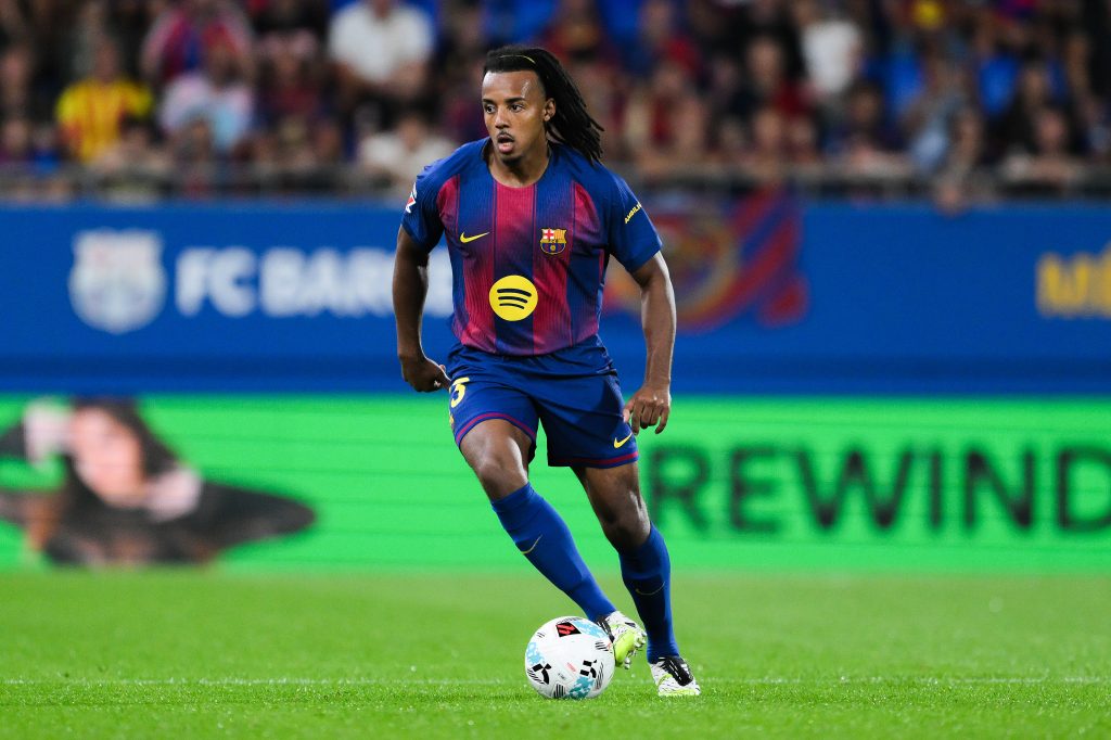 BARCELONA, SPAIN - SEPTEMBER 14: Jules Kounde of FC Barcelona runs with the ball during the LaLiga EA Sports match between FC Barcelona and Valencia CF at Estadi Johan Cruyff on September 14, 2025 in Barcelona, Spain. (Photo by David Ramos/Getty Images)
