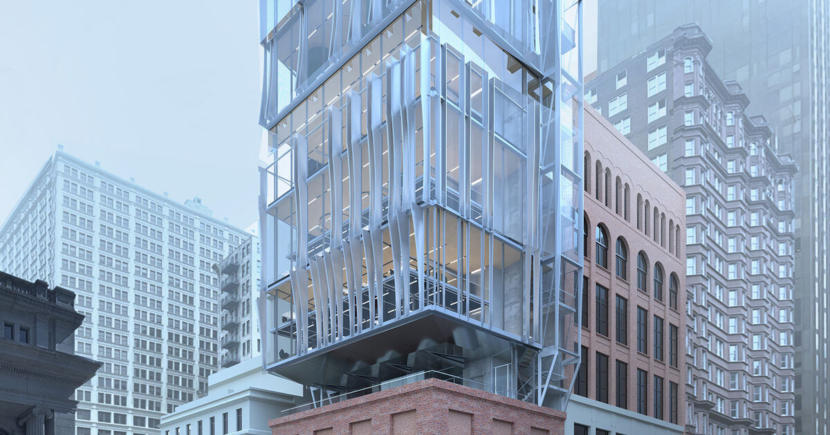 perforated metal panels clad office floating above st. louis's century-old columbia building