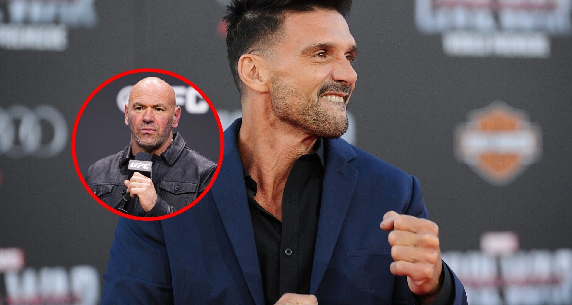 Frank Grillo at the Captain America: Civil War red carpet, with inset of Dana White at UFC press conference