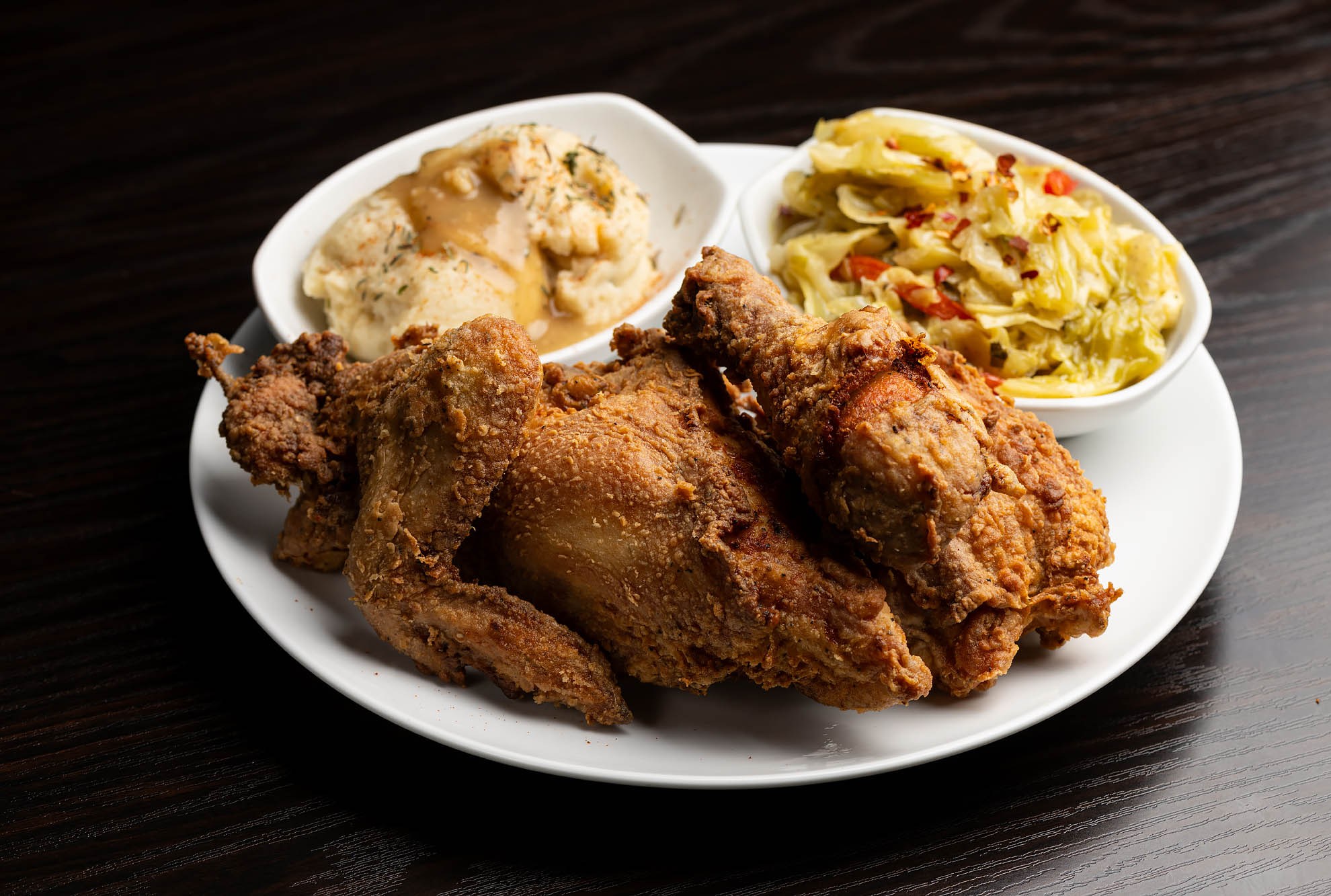 Fried chicken, mashed potatoes with gravy, and cabbage at Dulan’s on Crenshaw.
