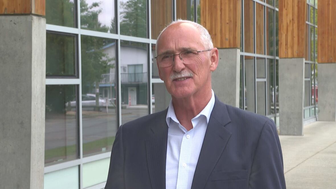 An older man stands outside in a suit jacket and shirt. He has balding white hair, a moustache and glasses. 