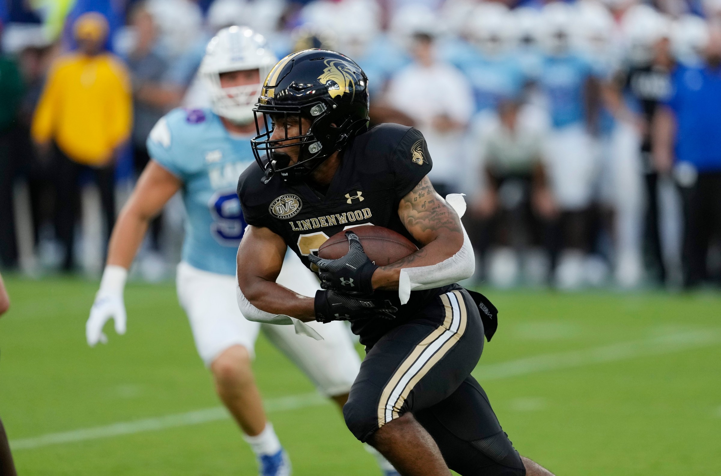 KANSAS CITY, KANSAS - AUGUST 29: Running back Steve Hall #22 of the Lindenwood Lions runs against the Kansas Jayhawks at Children’s Mercy Park on August 29, 2024 in Kansas City, Kansas. (Photo by Ed Zurga/Getty Images)