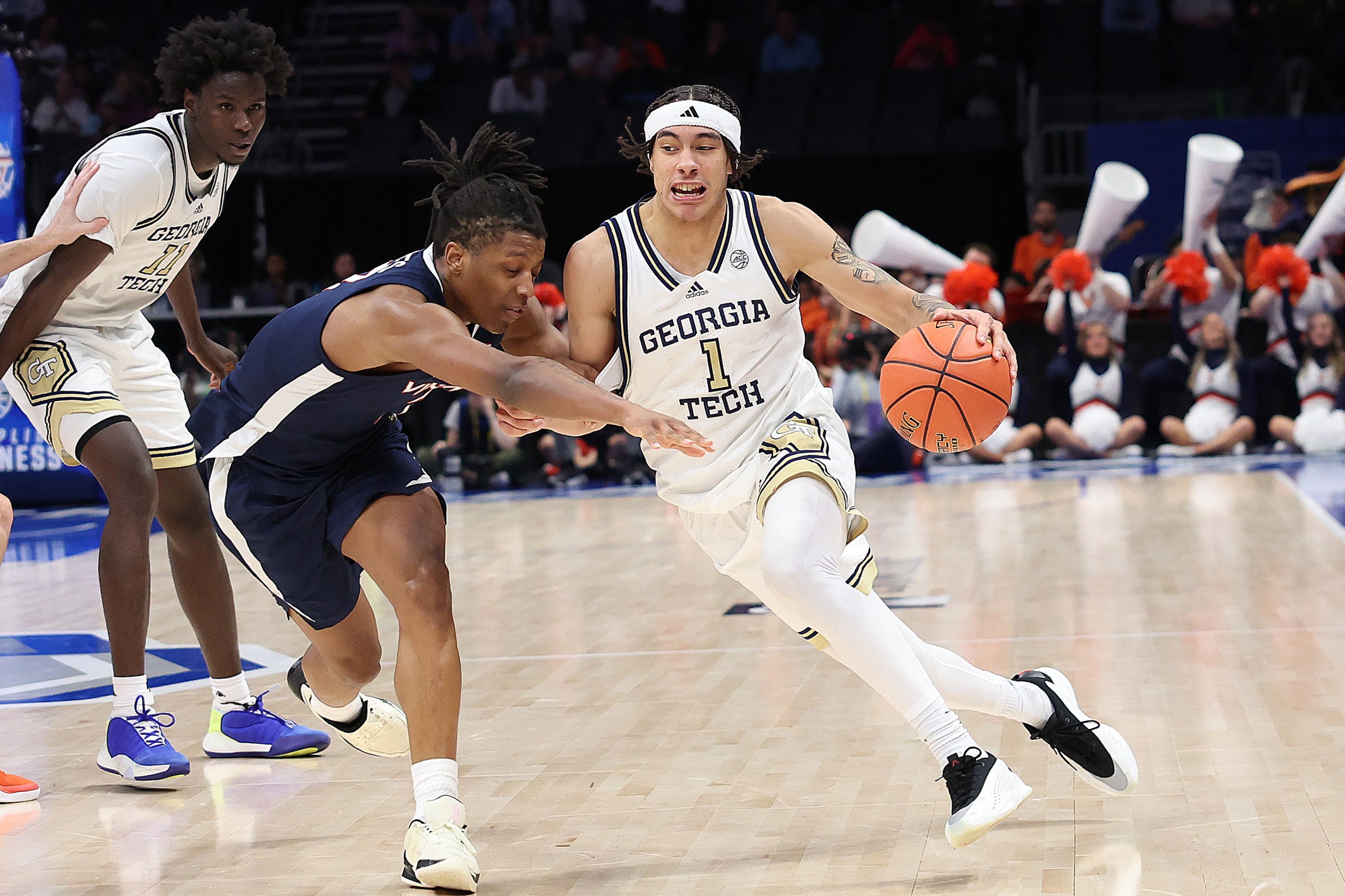 CHARLOTTE, NC - MARCH 12: Georgia Tech Yellow Jackets guard Naithan George (1) during the ACC Men’s basketball tournament between the Georgia Tech Yellow Jackets and the Virginia Cavaliers on March 12, 2025 at the Spectrum Center in Charlotte, N.C. (Photo by John Byrum/Icon Sportswire via Getty Images)