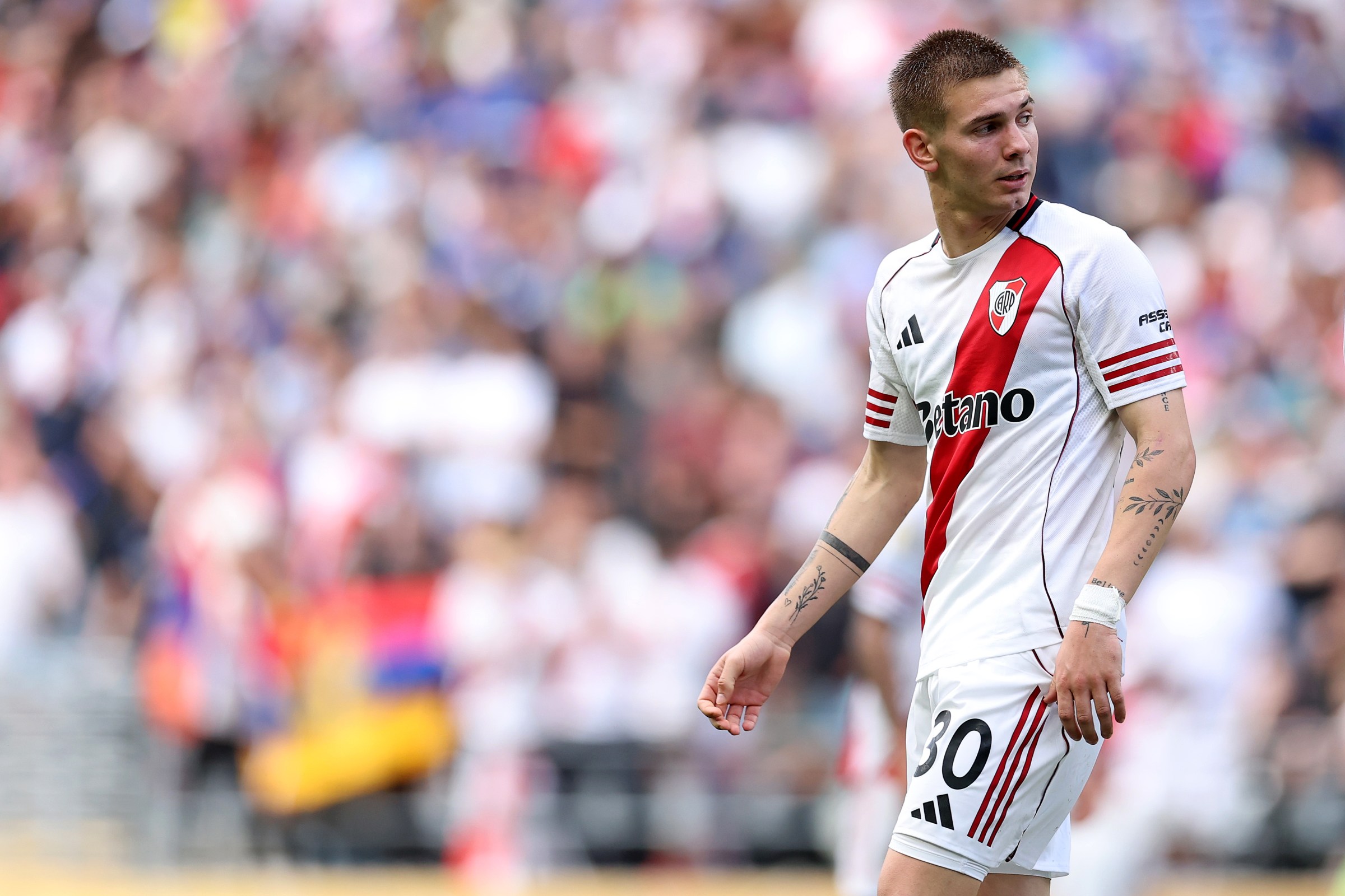 SEATTLE, WASHINGTON - JUNE 25: Franco Mastantuono #30 of CA River Plate looks on during the FIFA Club World Cup 2025 group E match between FC Internazionale Milano and CA River Plate at Lumen Field on June 25, 2025 in Seattle, Washington. (Photo by Steph Chambers - FIFA/FIFA via Getty Images)