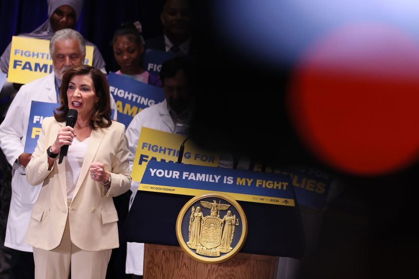 New York Gov. Kathy Hochul speaks during a press conference on August 18.
