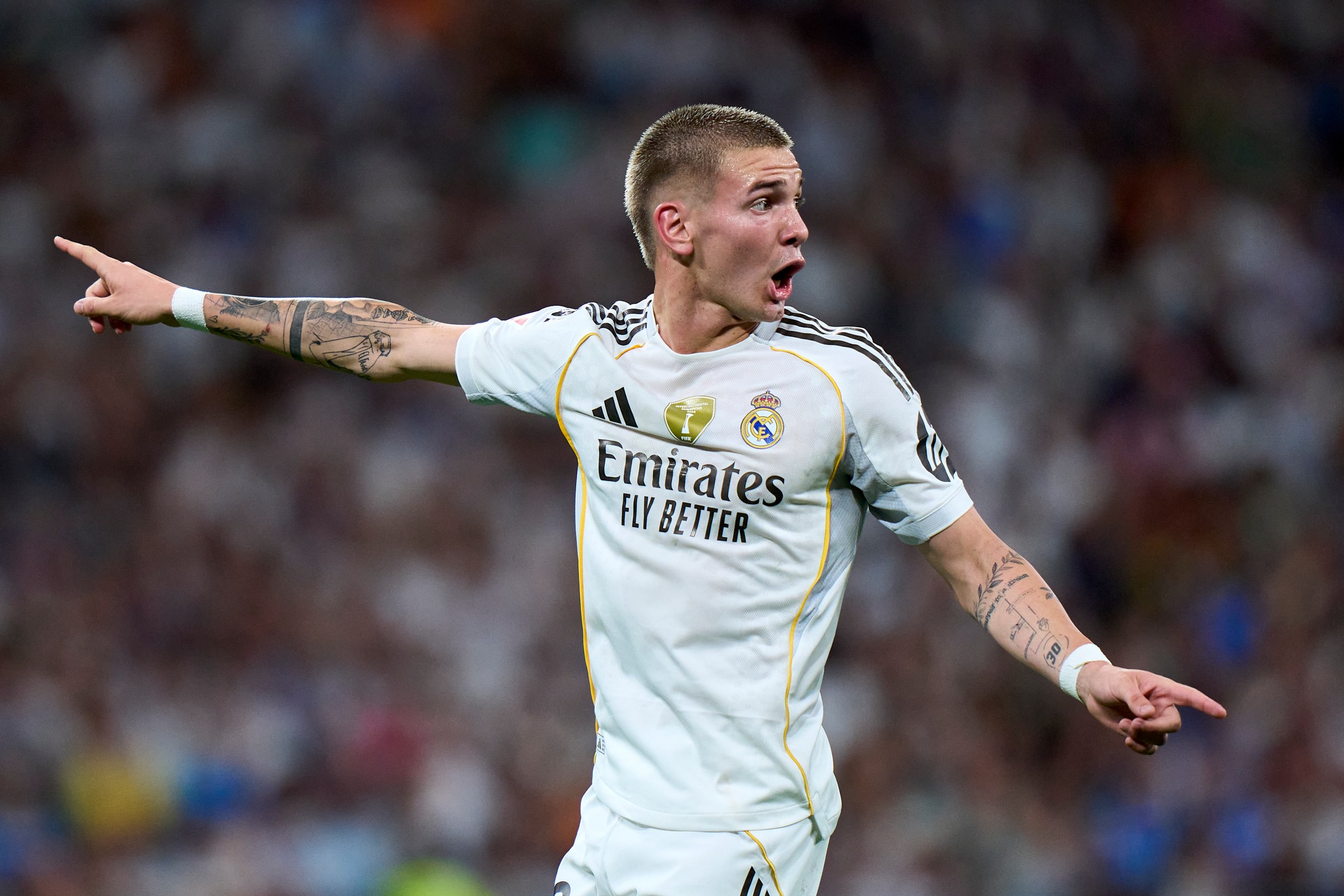 MADRID, SPAIN - AUGUST 30: Franco Mastantuono of Real Madrid reacts during the LaLiga EA Sports match between Real Madrid CF and RCD Mallorca at Estadio Santiago Bernabeu on August 30, 2025 in Madrid, Spain. (Photo by Diego Souto/Getty Images)