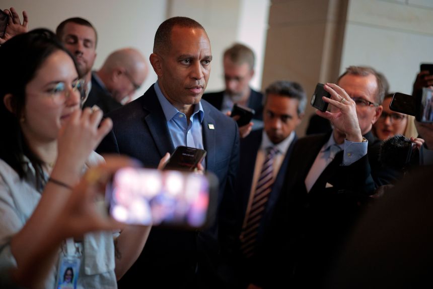 House Minority Leader Hakeem Jeffries talks to reporters following a news conference at the US Capitol Visitors Center on September 2.