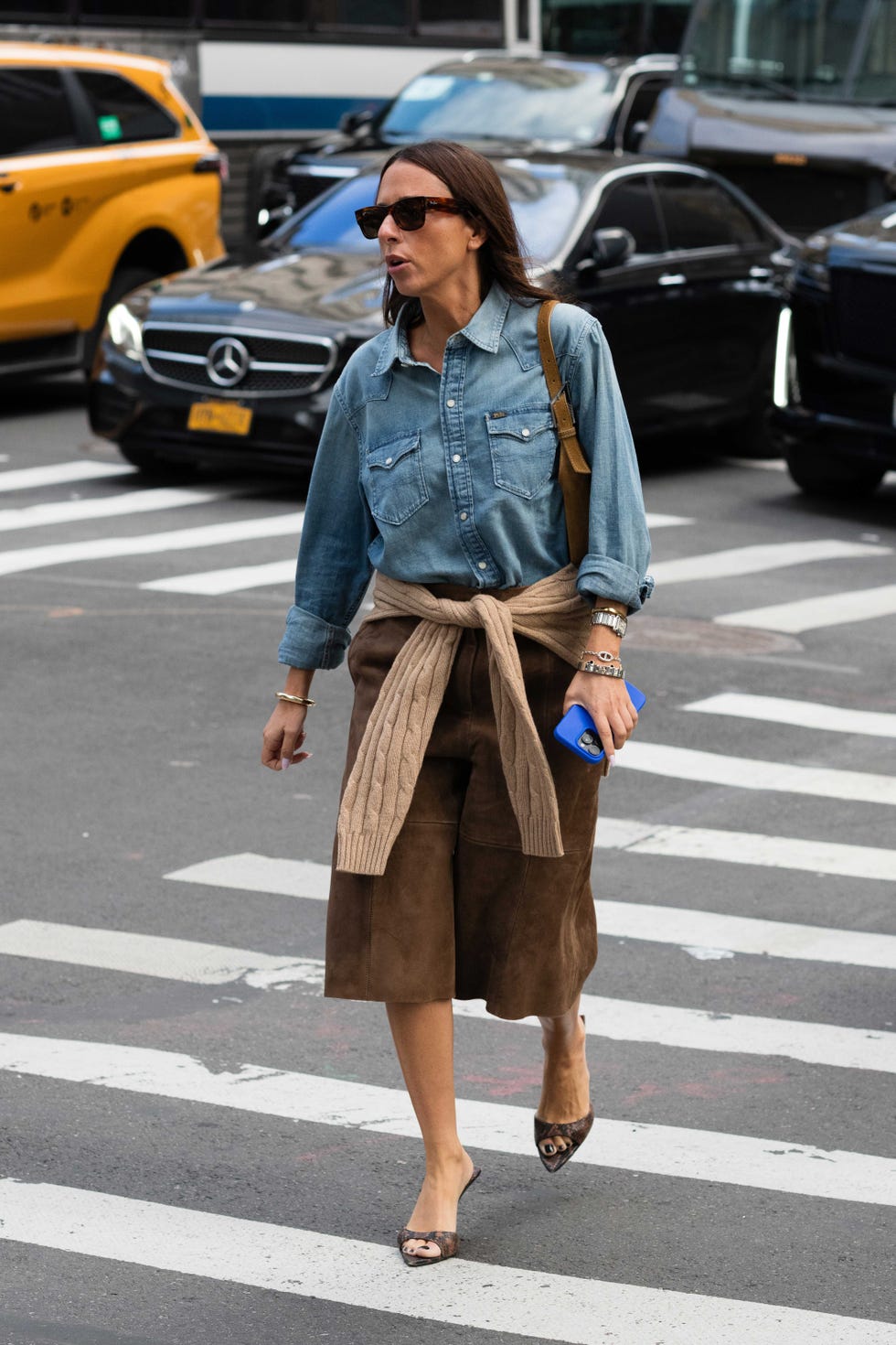 nyfw street style look denim shirt and suede skirt