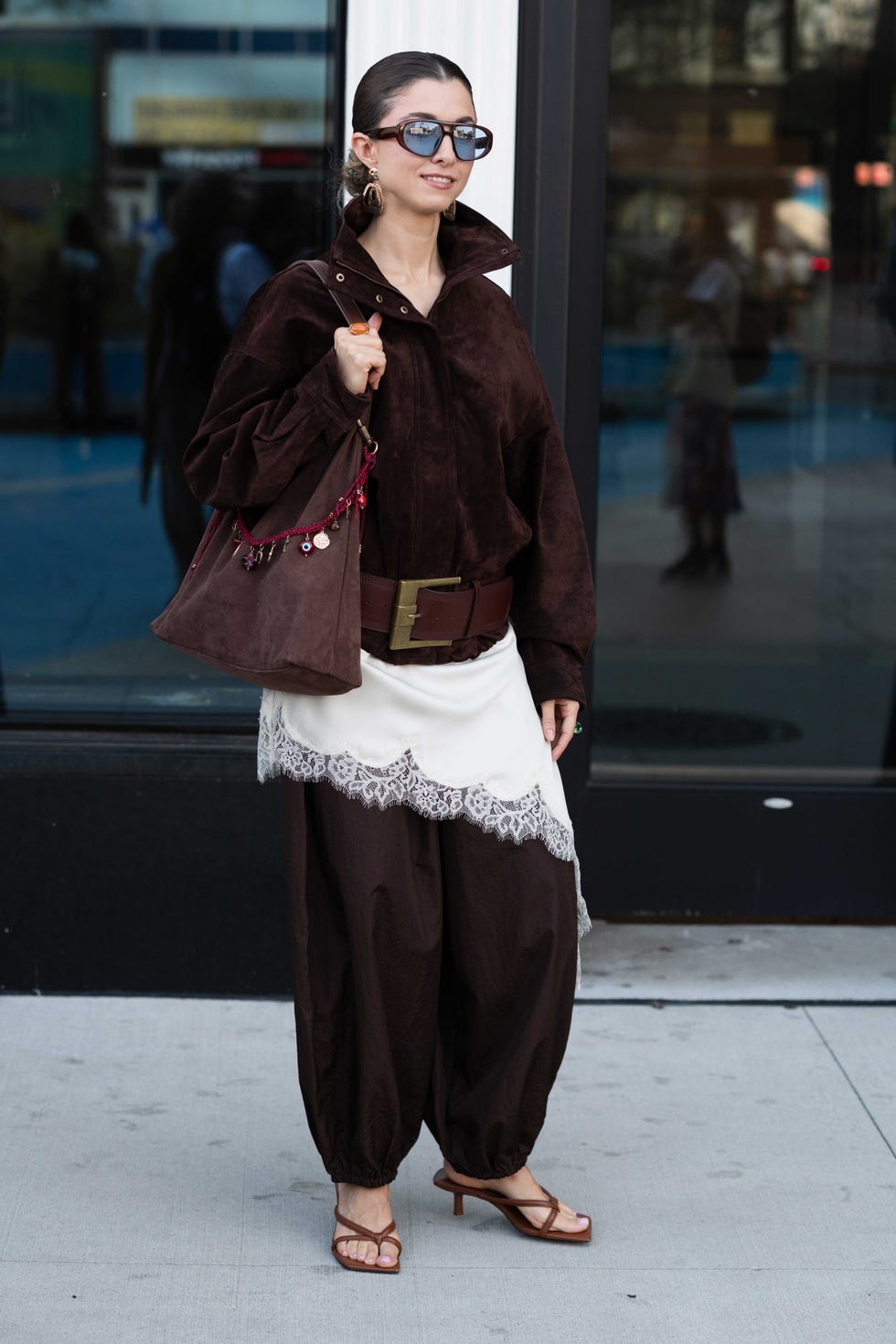 nyfw street style look suede jacket and balloon pants