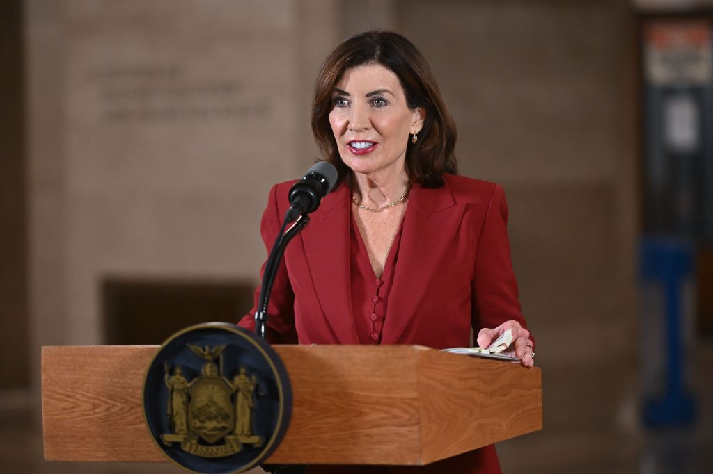 Governor Kathy Hochul making a transportation announcement at Grand Central Terminal.