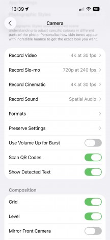 Camera settings in Settings - Apple Iphone 17 Pro Max review