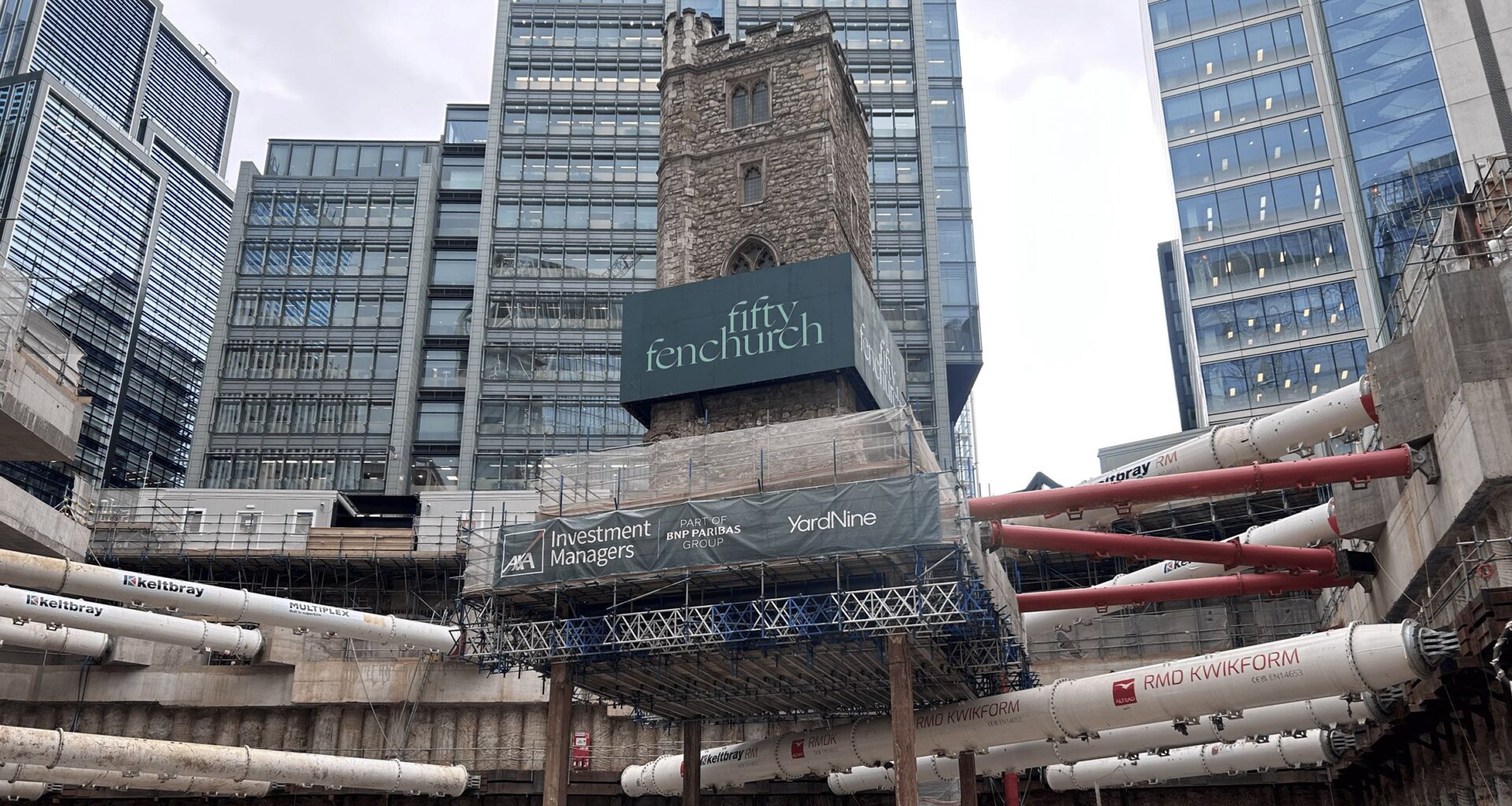 Excavation for 50 Fenchurch Street around medieval London church tower