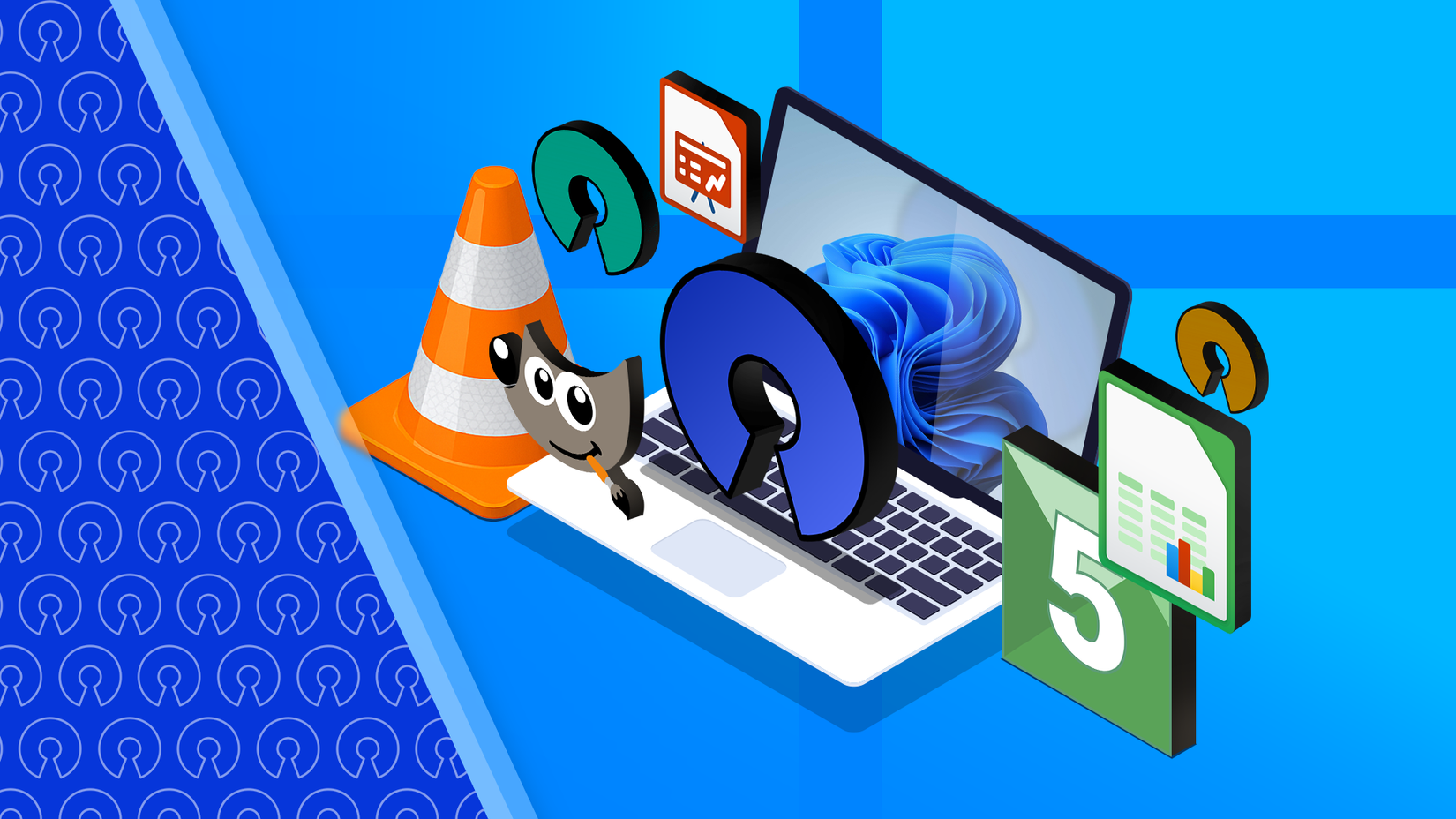 Illustration of a Windows 11 laptop and logos of some open source apps around it.-1