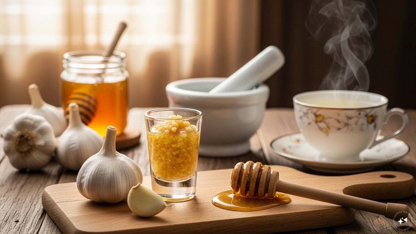 Garlic and Honey Tonic: Mash a clove of garlic and mix with honey. You can have this as a shot or dilute in warm water. Antiviral and great for respiratory health.