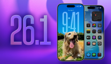 iPhone lock screen and home screen displays next to 26.1 on a gradient background
