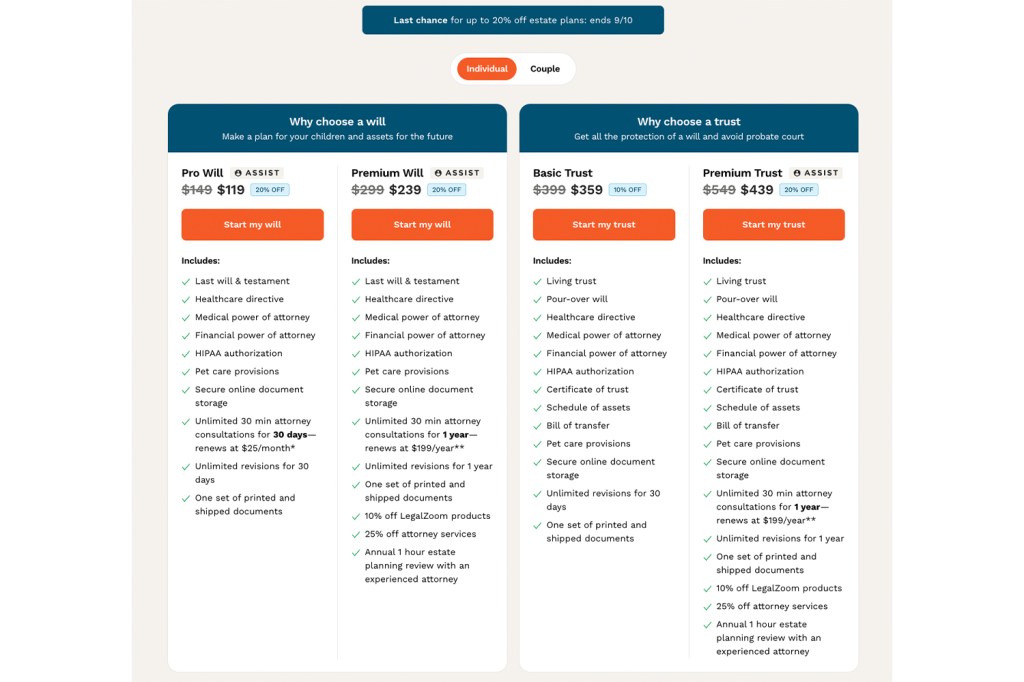Screenshot of LegalZoom's estate planning plans