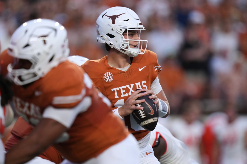 Arch Manning looks to pass during the Texas-Sam Houston State game on Sept. 20, 2025.