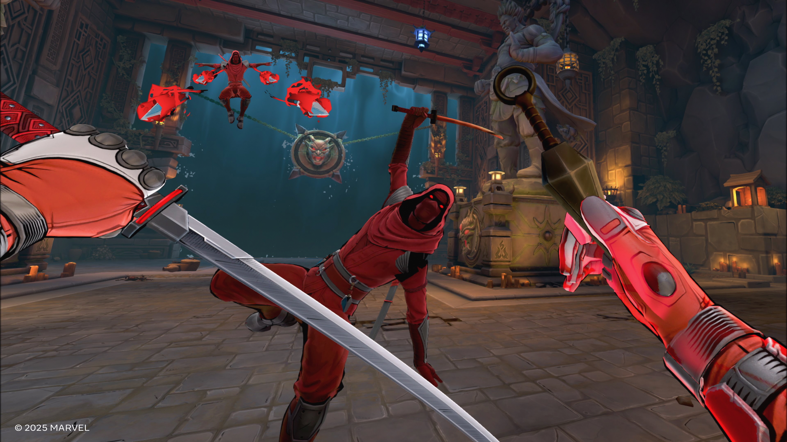 A Deadpool VR screenshot showing Deadpool holding a sword and throwing knife as two ninja-like foes charge towards the player.