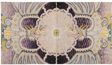 "Noche obsidiana." symmetrical natural pigment painting by Omar Mendoza, featuring cosmic symbols and visual motifs evoking Mesoamerican ancestry