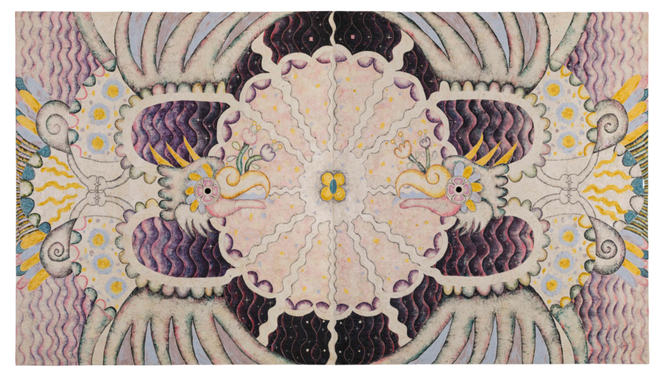 "Noche obsidiana." symmetrical natural pigment painting by Omar Mendoza, featuring cosmic symbols and visual motifs evoking Mesoamerican ancestry