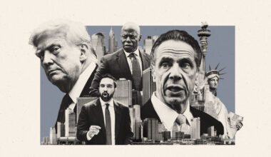 Photo composite illustration of Zohran Mamdani, Eric Adams, Andrew Cuomo and Donald Trump alongside the Manhattan skyline