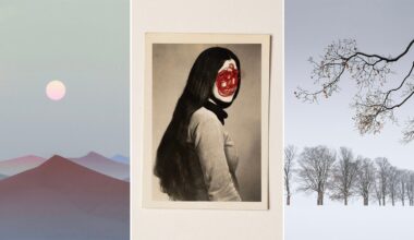 A triptych: pastel desert landscape with a setting sun, a black-and-white photo of a woman with her face scribbled over in red, and snow-covered trees beneath a bare, branching tree.