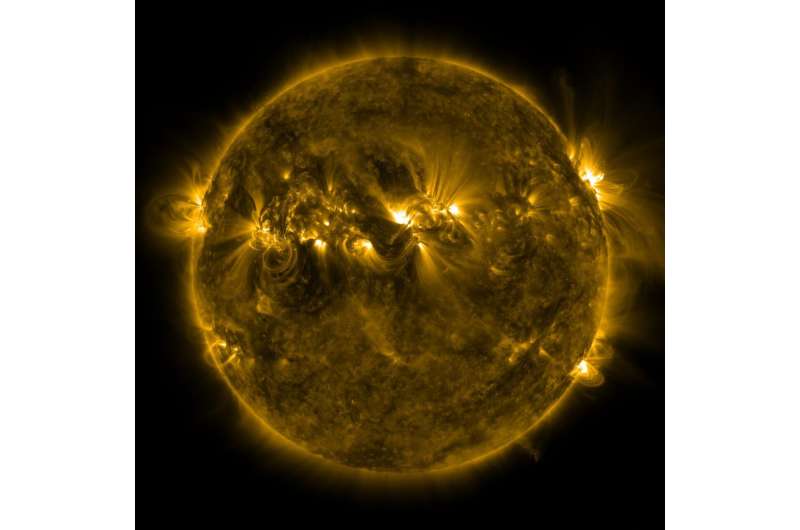 The sun taken from the Solar Dynamics Observatory satellite, showing the quiet corona and magnetic structures like coronal loops, which trace the intricate patterns of magnetic field lines that emerge from the sun. Credit: NASA/Goddard Space Flight Center Scientific Visualization Studio, the SDO Science Team, and the Virtual Solar Observatory Models explain mysterious feature controlling magnetic properties of the Sun